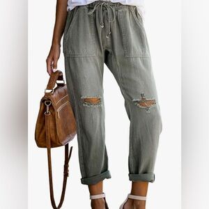 Sidefeel Elastic Waist Denim Joggers Ripped Drawstring Jeans Pants Small Green